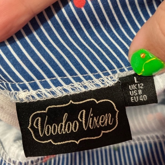 Voodoo Vixen High Waisted Blue Striped Shorts with Red Cherry Details Rockabilly - Picture 2 of 4